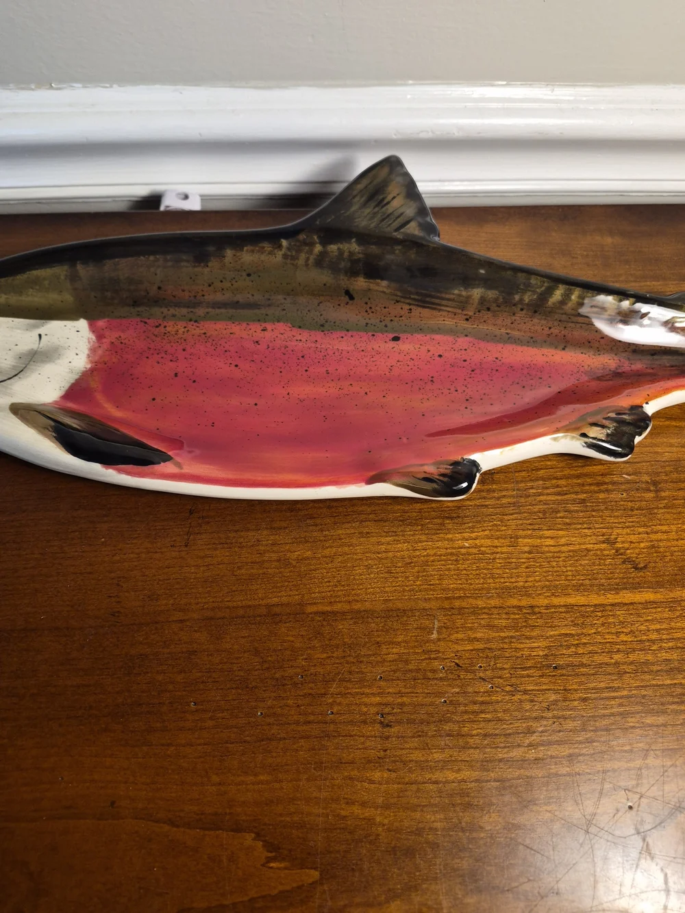 Hand-Painted Christina Boyd Signed Ceramic Coho Salmon Platter in Red and Brown